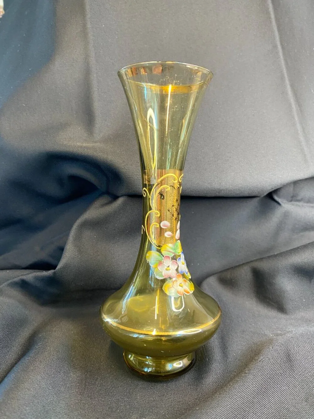 Vintage Hand Painted Amber Blown Glass Bohemian Cottage Core Bud Vase